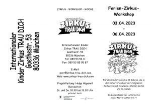 Info-Flyer zum Zirkus Workshop Ostern 2023 Site 1