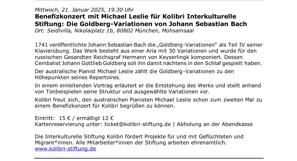 Ankündigung für ein Benefizkonzert zugunsten der Kolibri-Stiftung am 21. Januar 2026