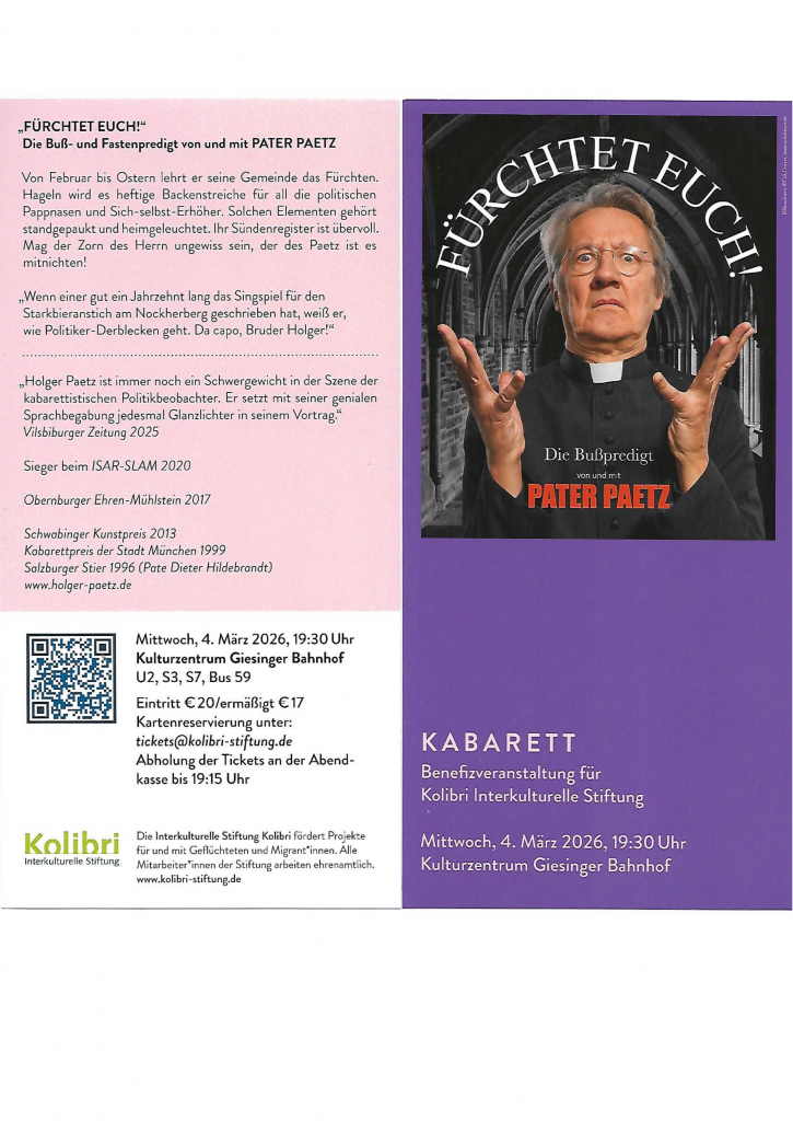 Veranstaltungsflyer zur Benefiz-Veranstaltung mit Pater Paetz am 4. März 2026